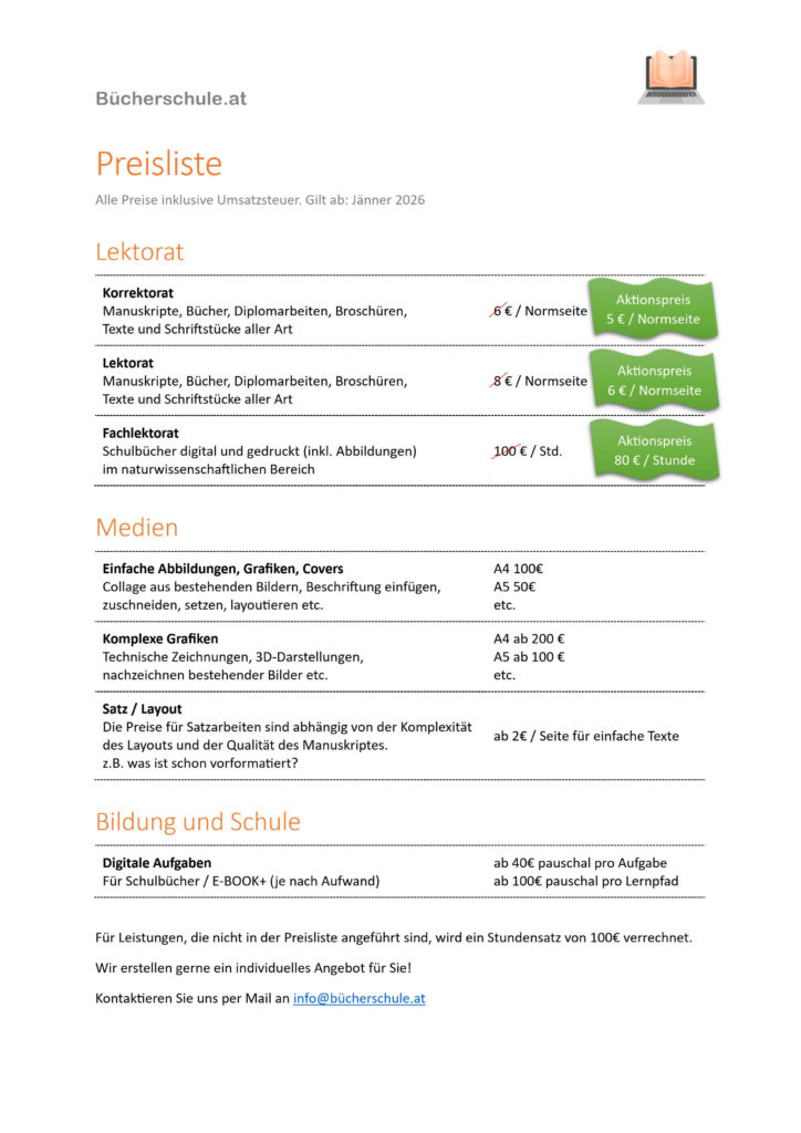 Preisliste Bücherschule ab 01.01.2026